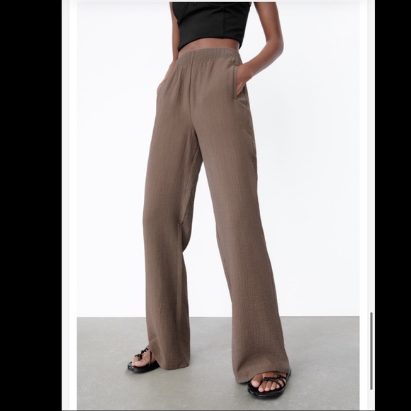 ZARA Textured Straight Leg Pants Brown Taupe - Picture 2 of 7